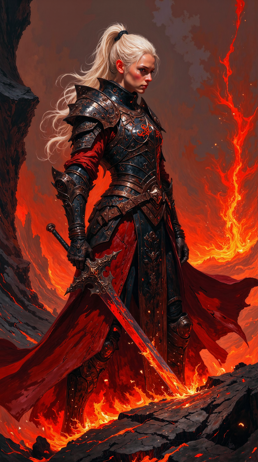Amidst a scorched and unforgiving realm of molten fury, a lone elven warrior stands as an unyielding sentinel of fire and death. The ground beneath her feet is cracked and broken, with rivers of molten lava weaving through the obsidian terrain like veins of liquid flame. The air shimmers with unbearable heat, distorting the jagged cliffs and hellish landscape that rise in the distance. Towering plumes of smoke claw their way into the crimson sky, while embers swirl like dying stars caught in an eternal descent. Yet, amidst this infernal chaos, the figure of the elven warrior stands motionless, a dark and formidable presence carved from shadow and flame.
Her skin is deep crimson, as if it were kissed and tempered by the fires of this very realm. It gleams faintly in the dim, hellish light, a stark contrast to the white cascade of hair bound tightly into a massive ponytail that falls like a silver waterfall behind her. Her face is sharp and grim, her features hardened by countless battles, with no trace of warmth or mercy. Piercing red eyes glow like embers beneath a furrowed brow, their fire burning with cold, lethal intent. They seem to cut through the sweltering haze, fixating on an unseen foe, daring them to challenge her dominion.
Her armor is a marvel of dark artistry, forged from blackened steel and tempered with the very essence of blood-red fire. Each plate is massive and intimidating, inspired by the ancient designs of the Japanese samurai, yet twisted into something more sinister and otherworldly. The intricate detailingâpatterns of dragons, fire, and thornsâembellish the overlapping layers of the armor, etched in glimmers of deep red. Its jagged edges and sharp ridges evoke a sense of feral power, as though the armor itself hungers for battle. Thick armored gauntlets encase her hands, their joints reinforced to hold the colossal weapon she commands. The shoulder pauldrons extend outward like the wings of a demon, casting shadows that dance upon the burning ground.
In her grasp rests an immense, towering greatswordâits blade forged from the same dark red and black metal as her armor, as if it had been pulled from the depths of a volcanic forge. The weapon is impossibly massive, the edge jagged and cruel, humming faintly with the low vibrations of destructive energy. The hilt is wrapped in dark leather, its guard angular and ornate, designed to resemble curling horns of fire. Though it rests with its tip buried in the cracked, steaming ground, the sword exudes a weighty menace, a promise of annihilation with every swing. Her hands, gloved in obsidian gauntlets, rest calmly upon the guard, her posture unwavering like a fortress of flesh and steel.
The ground around her crackles, heat rising in waves that distort her silhouette like a mirage, yet her figure remains solidâunyielding, unstoppable. Behind her, the lava landscape pulses with life, its rivers glowing a molten orange as they surge and spill across the ruined earth. Fiery geysers erupt in the distance, sending sparks spiraling into the heavy, ash-filled sky. Sharp, jagged cliffs frame the scene like the ribs of a dead god, their surfaces glistening with molten veins that seem to bleed from within. The harsh red and black tones of the scene envelop the warrior, yet she does not fade into the backgroundâher aura seems to draw the fire toward her, as if the very earth recognizes her as one of its own.
The wind carries with it the scent of sulfur and burning rock, whipping her hair and cape into slow, deliberate motion. The massive ponytail sways like a silver banner, a stark contrast to the darkness that surrounds her. Flickers of glowing embers rise and die at her feet, carried on the invisible breath of the volcanic plain. Her armor gleams faintly in the firelight, its reflective surfaces broken only by the scorched shadows that play across her form. Every line of her body radiates strength, discipline, and a warriorâs resolveâa being forged from war itself.
The composition of the scene is one of dark majesty, as the elf commands the viewerâs attention. She is a pillar of strength amidst the infernal chaos, a conqueror who has claimed this fiery hellscape as her own. The dynamic interplay of the glowing reds and deep blacks paints a world that is both vibrant and menacing, while the harsh shadows cast by her form emphasize her power and unshakable presence. It is as though she exists outside of time, eternally standing guard over this molten realm, a grim and beautiful warden of destruction.
In this moment, the elven warrior is not just a figure in the landscapeâshe is the very embodiment of its fury and its beauty. A sentinel of flame, forged by the fires of war and bound by her unrelenting will, she stands unmoving in the face of oblivion, a silent warning to any who dare challenge her dominion.
DB4RZ, g0thicPXL, mythp0rt
<lora:FLUX-daubrez-DB4RZ-v2:0.8>,  <lora:gopFLUX:0.15>, <lora:artisketchyfs-v02:0.2>, <lora:FluxMythP0rtr4itStyle:0.15>