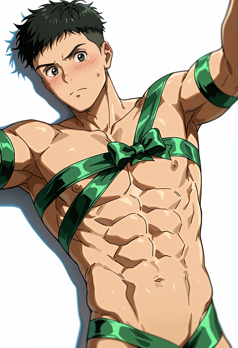 <lora:Yokokawa_Yuusuke_Love_All_Play:1> green_yok0kaw4_yuusuk3_eyes, yok0kaw4_yuusuk3, black_yok0kaw4_yuusuk3_hair, 1boy, anime coloring, male focus, solo, muscular male,  white background, simple background,   on back, completely nude, (naked ribbon), green ribbon, from above, looking at viewer, flustered, sweatdrop, blush,  shadow, dynamic angle, dynamic action, atmospheric perspective,  intricately detailed illustration, depth of field, intricate details, very awa, highres, perfect proportions, perfect eyes, amazing quality, masterpiece, best quality, very aesthetic, absurdres, newest