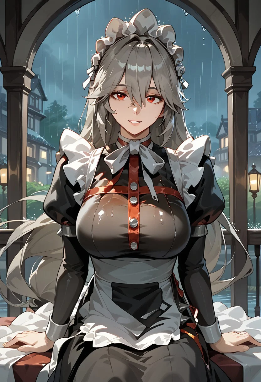 score_9,score_8_up,score_7_up,source_anime,ALEXANDRINA_SEBASTIANE,1girl,solo,long hair,breasts,looking at viewer,smile,bangs,large breasts,red eyes,long sleeves,dress,hair between eyes,sitting,grey hair,parted lips,puffy sleeves,apron,black dress,maid,maid headdress,rain,