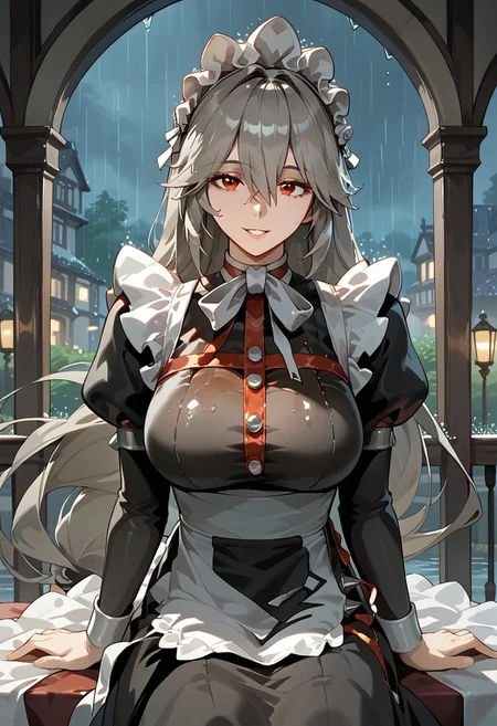 score_9,score_8_up,score_7_up,source_anime,ALEXANDRINA_SEBASTIANE,1girl,solo,long hair,breasts,looking at viewer,smile,bangs,large breasts,red eyes,long sleeves,dress,hair between eyes,sitting,grey hair,parted lips,puffy sleeves,apron,black dress,maid,maid headdress,rain,