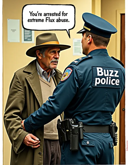policeman arresting a man as dirty beggar with dirt on his face wearing dirty hat, dirty sweater and dirty coat, policeman says in speech bubble "You're arrested for extreme Flux abuse", on policeman's uniform text "Buzz police", on policeman's back text "Buzz police", <lora:flux\detailer_flux_v1.safetensors:0.7000000000000001:0.7000000000000001>