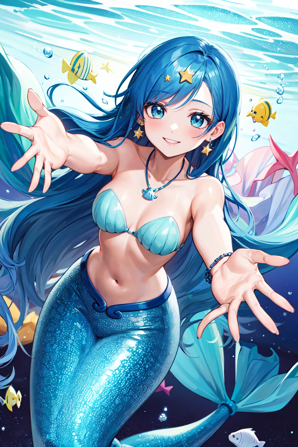 masterpiece, best quality, highres, ho1, blue hair, long hair, star (symbol), necklace, earrings, star hair ornament, mermaid, shell bikini, bracelet, <lora:houshou_hanon_v1:0.7>, underwater, smile, reaching out, spread arms,