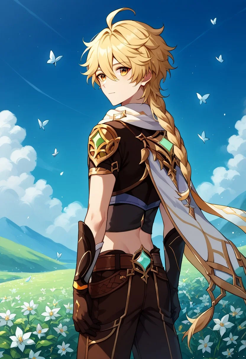 score_9, score_8_up, score_7_up, source_anime, highly detailed, from back, looking back, butterflies, sky, clouds, wind, flowers,
traveler, 1boy, male focus, solo, blonde hair, long hair, bangs, hair between eyes, braid, single braid, ahoge, yellow eyes, jewelry, single earring, shoulder armor, scarf, white scarf, navel, midriff, crop top, short sleeves, gloves, black gloves, belt, pants, brown pants, cape. slender, skinny,
outdoor, stand,
