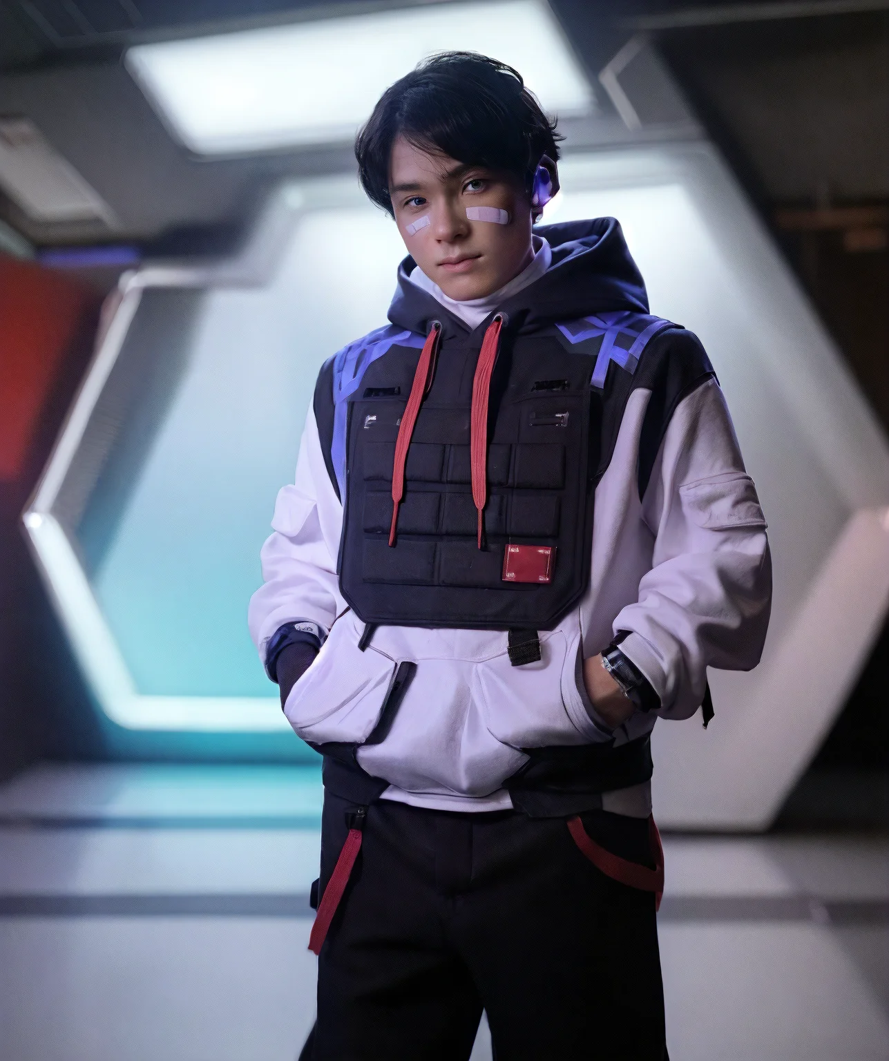 iso_valorant, standing, looking at viewer, jacket, hoodie, long pants, bandaid on face, short black hair, sci-fi base, base <lora:Iso-15:0.85>