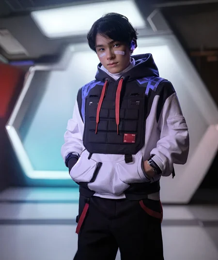 iso_valorant, standing, looking at viewer, jacket, hoodie, long pants, bandaid on face, short black hair, sci-fi base, base <lora:Iso-15:0.85>