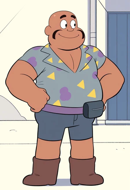 HaroldSmiley, 1boy, male focus, fat, black mustache, black eyes, bald, dark skin, gray-blue shirt, smile, brown boots, fanny pack, shorts