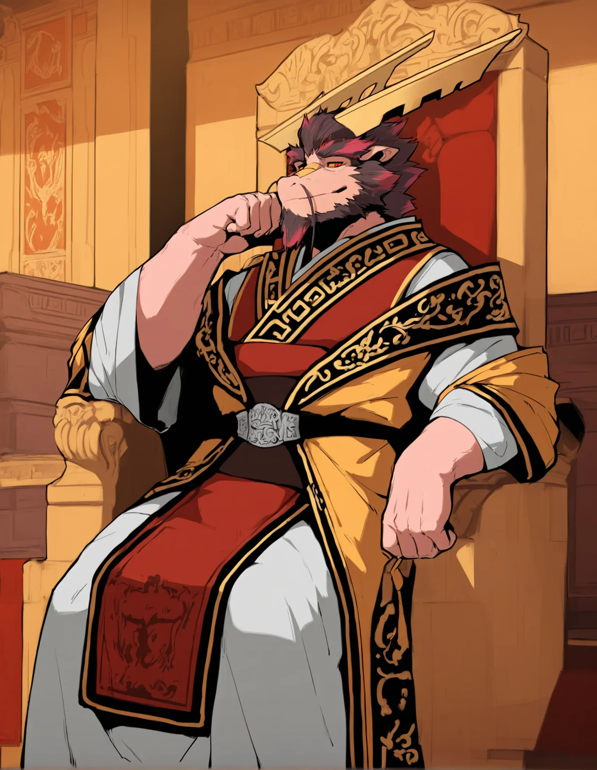 masterpiece, best quality,
tarjumdad, eastern dragon, furred dragon, anthro, solo, mature male,
emperor attire, throne room, chinese palace, inside, stair, looking at viewer,
sitting, leaning on elbow, front view, seductive, yellow sclera, red eyes, yellow scale on nose,
<lora:ThreefoldRecital_1.2:1>