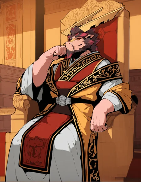 masterpiece, best quality,
tarjumdad, eastern dragon, furred dragon, anthro, solo, mature male,
emperor attire, throne room, chinese palace, inside, stair, looking at viewer,
sitting, leaning on elbow, front view, seductive, yellow sclera, red eyes, yellow scale on nose,
<lora:ThreefoldRecital_1.2:1>