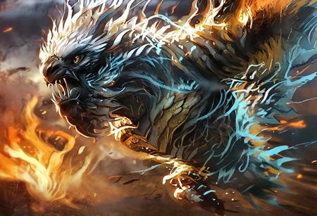((solo)),dougi,(fire elemental,Air Elemental,earthshakerpdxl, KassPXL,male, dragon), strong body,roaring, flying, surrounded by fire and smoke, mirages, Kalahari desert, oasis, blurry figures, noon, bright sun, wind