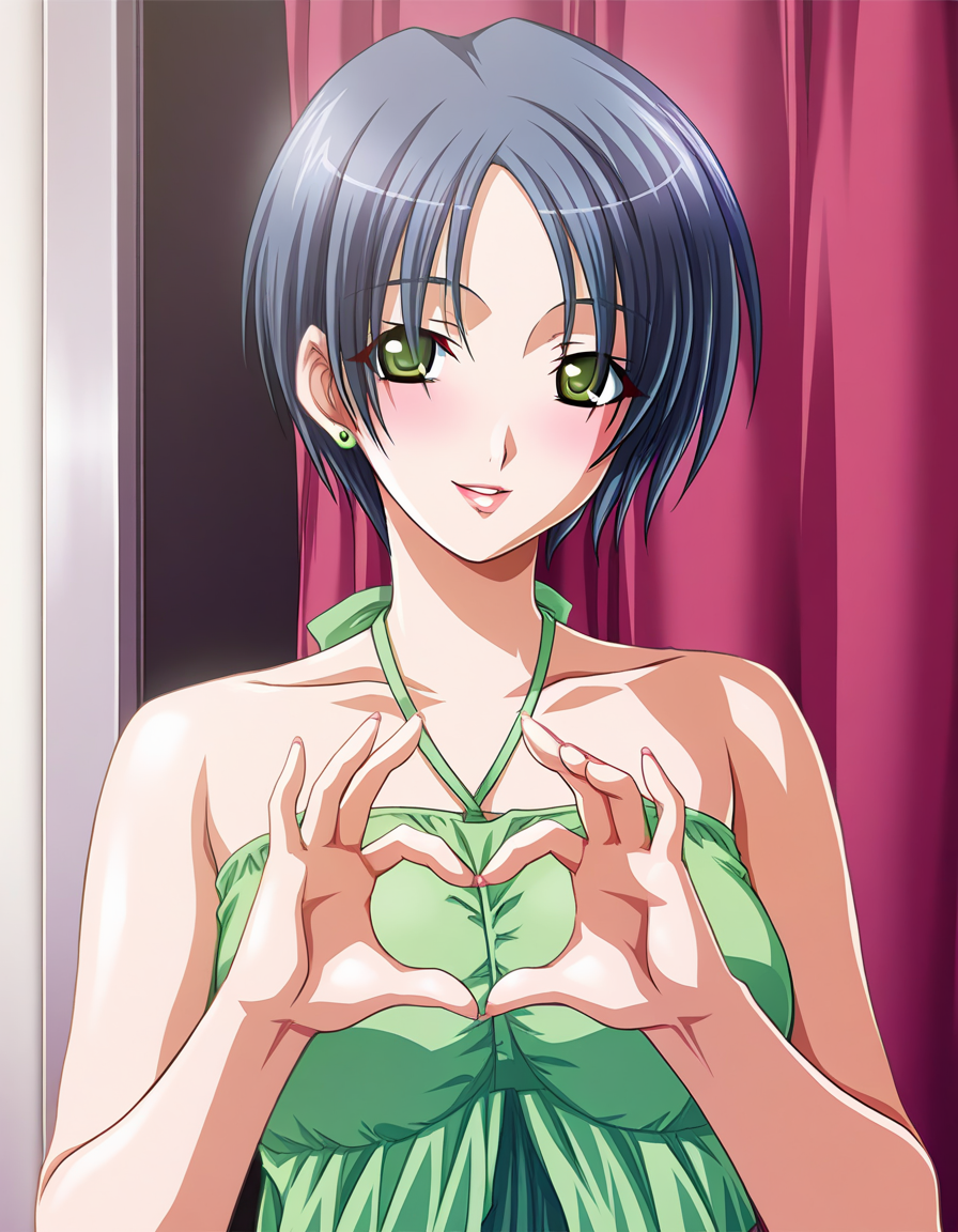 masterpiece, best quality, amazing quality, incredibly absurdres, official art, ultra detailed, official style, BREAK
1girl, solo, takebe_inaho, green eyes, short hair, blue hair, earrings, 
green blouse,  bare shoulders, 
smile, parted lips, looking at viewer, 
standing, heart hands, 
in room, upper body, ultra detailed <lora:Takebe Inaho v1.0-000013:1>