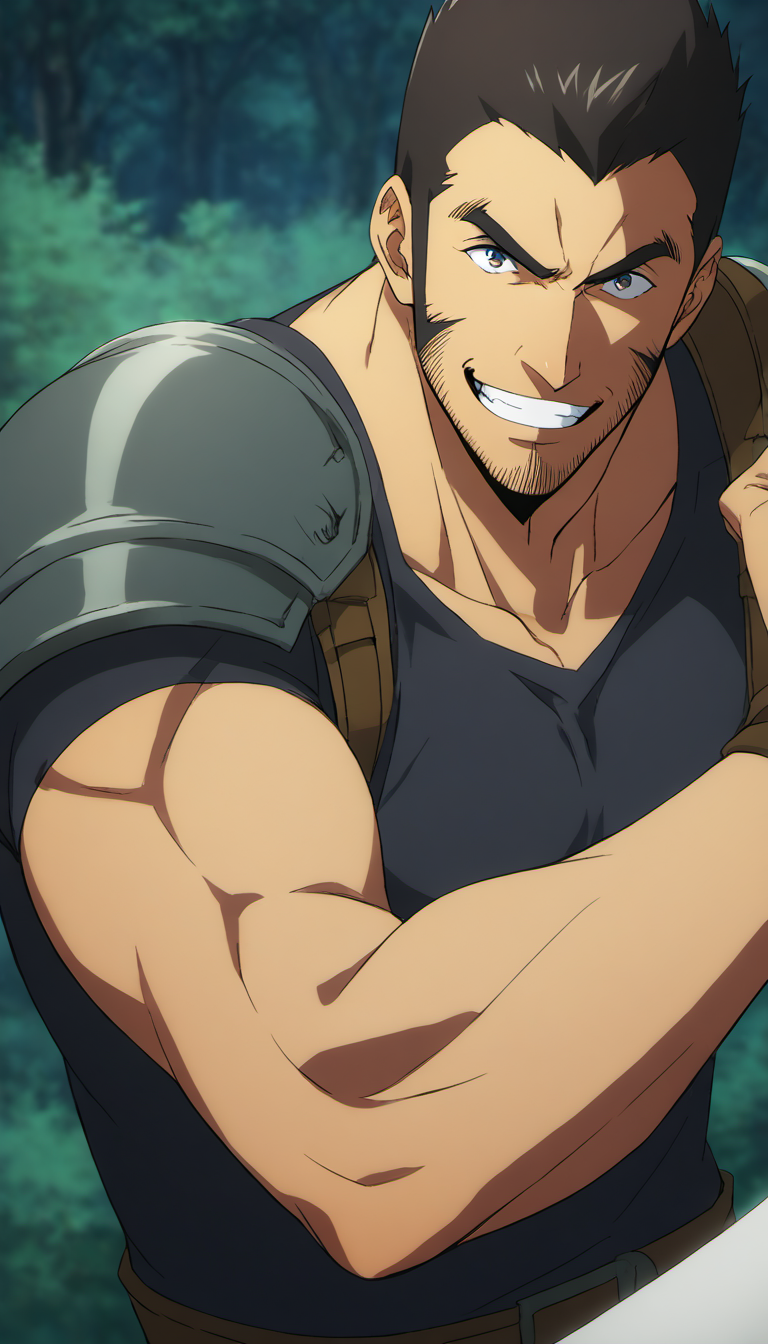 1boy, hwangDongsuk_sololeveling,  long sideburns, armor, Stubble, forest environment, tight black t-shirt, middle-age man, score_7_up, score_6_up, score_8_up, score_9_up, face_focus, muscular, evil_grin, smile, centered, looking at viewer, 8k uhd, high quality, attack pose,