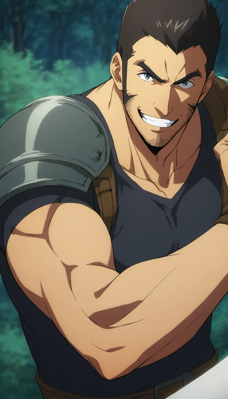 1boy, hwangDongsuk_sololeveling, long sideburns, armor, Stubble, forest environment, tight black t-shirt, middle-age man, score_7_up, score_6_up, score_8_up, score_9_up, face_focus, muscular, evil_grin, smile, centered, looking at viewer, 8k uhd, high quality, attack pose,
