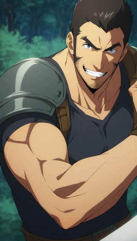 1boy, hwangDongsuk_sololeveling,  long sideburns, armor, Stubble, forest environment, tight black t-shirt, middle-age man, score_7_up, score_6_up, score_8_up, score_9_up, face_focus, muscular, evil_grin, smile, centered, looking at viewer, 8k uhd, high quality, attack pose,