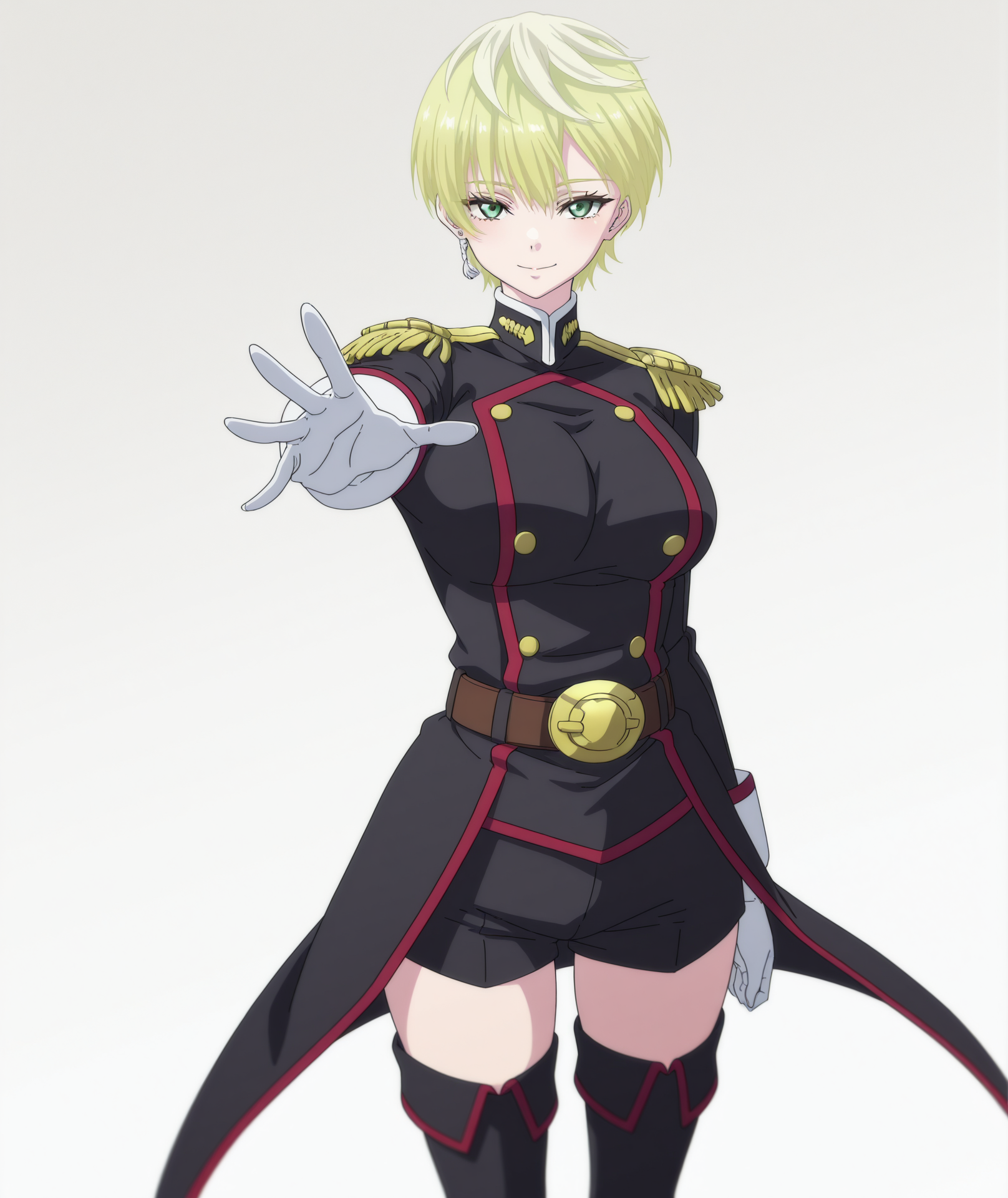 highres, hi res, best quality, masterpiece, 2d, intricate details, 4k, anime coloring,
1girl, solo, female, eyelashes, nose, short hair, blonde hair, jewelry, green eyes, earrings,
thighhighs, gloves, shorts, belt, white gloves, uniform, military, military uniform, epaulettes, black jacket, jacket, 
boots, thigh boots, black thighhighs, black footwear, 
cowboy shot, foreshortening, looking at viewer, facing viewer, front viewer,
depth of field, white background, gradient background, <lora:Tenka_Izumo_ILXL:1>, izumo tenka, mato seihei no slave,