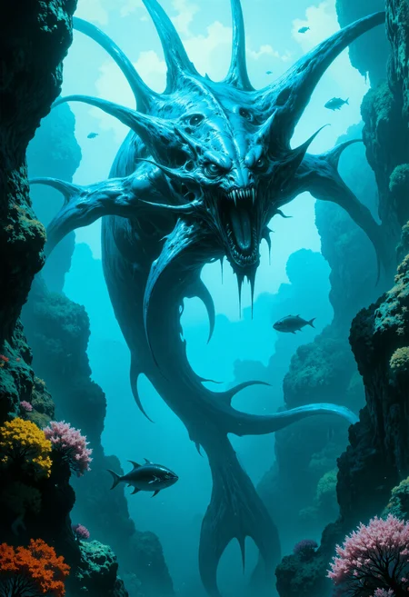 highest details, ultra hyper realism. highly detailed and realistic. intricate and highly professional artwork, an absolute masterpiece.
famous artwork inspired by movies like Avatar and Prometheus, (dramatic underwater scene:1.4), fantasy style, dynamic angle, the "horrific gooxflibber", an sleek biomorphic aquatic creature, equipped with large translucent fins, translucent scales and a long stinging tail, gracefully floats through the crystal-clear waters of the colorful coral reefs on planet "Underbold Viii"
<lora:artizen_v00a_epoch_1:0.5> artizen <lora:Boris Vallejo BV flux D:0.3> Boris Vallejo <lora:FluxMythG0thicL1nes:0.5> G0thicL1nes <lora:RetroAnimeFluxV1:0.3> <lora:artilands_v02-000006:0.55> <lora:majichorror_flux:0.4> horror <lora:monster_flux:0.35> <lora:Brain_Eaters:0.2> Brain Eater.