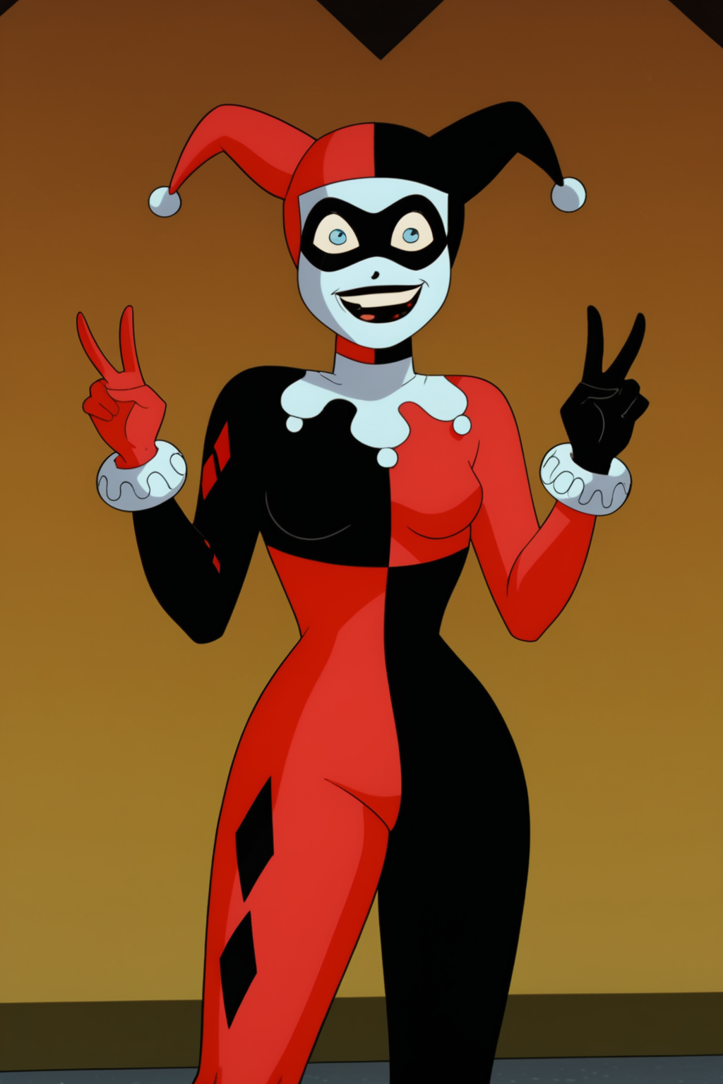 score_9, score_8_up, score_7_up, score_6_up, score_5_up, score_4_up, BREAK, <lora:Harley_Quinn(1):1>, 1girl, Harley Quinn, blue eyes, jester cap, domino mask, white facepaint, multicolored bodysuit, smiling, peace sign, smiling, closed mouth