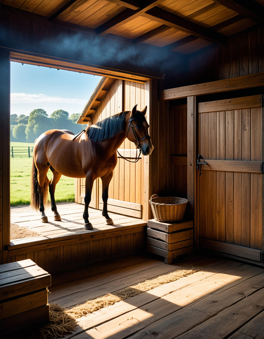 A rustic horse stable in the countryside, built with aged wooden beams and stone foundations, bathed in warm golden sunlight. The stable doors are slightly open, revealing the soft hay-covered floor inside. Horses stand calmly in their stalls, their glossy coats catching the light. Dust particles float in the air, illuminated by the sunbeams filtering through the gaps in the wooden planks. The atmosphere is serene, with a vintage, timeless feel. Weathered saddles and bridles hang neatly on the stable walls, and an old wooden cart sits nearby. The background features rolling green fields and a clear blue sky, creating a peaceful rural setting. Ultra-detailed, photorealistic, warm tones, cinematic lighting, sharp textures.
<lora:SDXLFaeTastic2400:0.4> <lora:extremely_detailed:0.4> extremely detailed,<lora:rustic_horse_st4bl3:1>,rustic horse st4bl3, Masterpiece,best quality,hi res,8k,hi res,8k,award winning,(sharp focus, intricate, highly detailed),