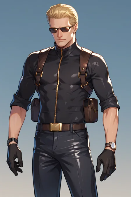 score_9, score_8_up, score_7_up, BREAK, <lora:albertwesker-guy-PONYv1:1>, 1boy, solo, albertwesker, black gloves, sunglasses, belt, pants, black pants, holster, black shirt, watch,