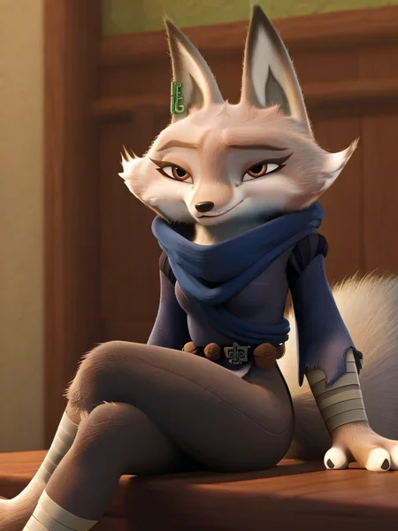 score_9, source_furry,zhen,brown eyes,two-tone fur, grey and white fur, no humans, closed mouth, fox girl,fox ears,furry female,fox tail, perfect curvy small breasts, smile, <lora:Zhen__Kung_Fu_Panda_:1>, green ear piercing, jewelry, earrings, fluffy, <lora:DetailedFur:0.2> fur, detailed fur, body fur, tuft, fluffy, claws, 1girl, <lora:StS_PonyXL_Detail_Slider_v1.4_iteration_3:4> ,zhendress,green ear piercing, blue scarf,blue long sleeves,bandaged arm,bandages,belt,ninja,jewelry, earrings, black pants,bandaged leg, torn clothes, sitting, crossed legs, seductive smile,