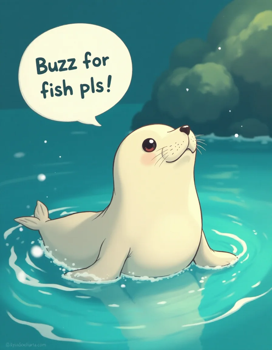 cute seal speech bubble that says " buzz for fish pls " ,, (Studio ghibli style, Art by Hayao Miyazaki:1.2), Anime Style, Manga Style, Hand drawn, cinematic, Sharp focus, humorous illustration, big depth of field, Masterpiece, concept art, trending on artstation, Vivid colors, Simplified style, trending on ArtStation, trending on CGSociety, Intricate, Vibrant colors, Soft Shading, Simplistic Features, Sharp Angles, Playful