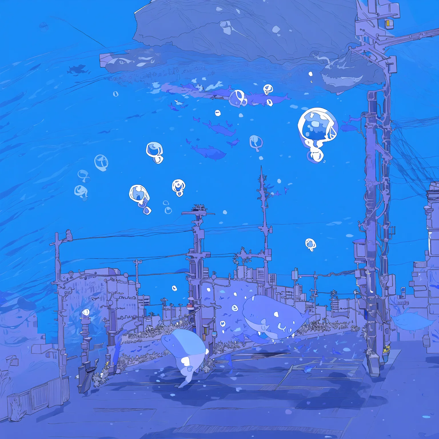 (masterpiece, best quality), bubble, fish, outdoors, underwater, air bubble, power lines, scenery, whale