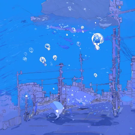 (masterpiece, best quality), bubble, fish, outdoors, underwater, air bubble, power lines, scenery, whale
