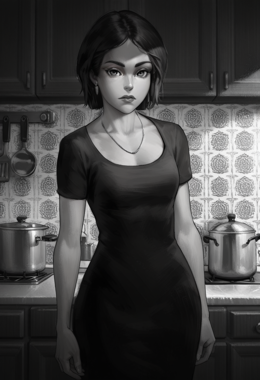 Graphic Design, greyscale, monochrome, intricate details, high contrast, detailed background, beautiful detailed, beautiful face, detailed eyes, detailed face, new, z41ch1k, 1girl, jewelry, solo, short hair, earrings, necklace, black hair, black dress, short sleeves, looking at viewer, cowboy shot, kitchen, dynamic pose, (masterpiece, best quality, newest, recent, absurdres), 