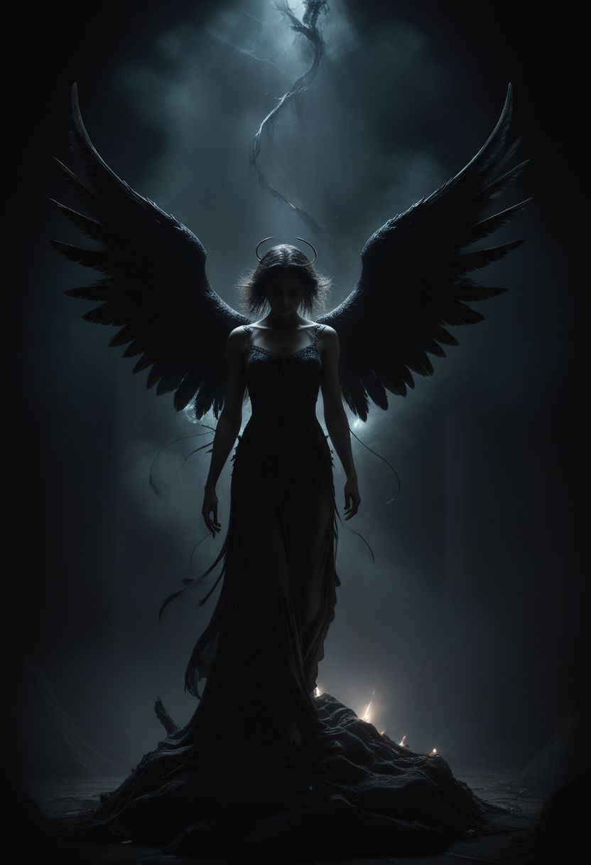 (ultra high res:1.4), (masterpiece:1.4), (beautiful lighting:1.4), (art by Ignat Bednarik and Leigh Behnke:1.2), aesthetic of neue wilde with darkness atmosphere, groundbreaking unrivaled opus with unrivaled details, a fallen angel, (out of focus image:1.4), (tealpurple and silvergray colors:0.1), (balance in center composition:0.1), dark, chiaroscuro