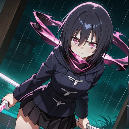 <lora:IL_Yamoto_Koki:1>,nin_sly_k,1girl,solo,yamoto koki /(ikusa/),pink eyes,short hair,black hair,
hooded jacket,black miniskirt,scarf,
katana /(ubasute/),cowboy shot,dutch angle,leaning forward,sheath,rain,darkness,night,drop shadow,furrowed brow,holding katana,<lora:Unfazed - Illustrious character enhancer:0.5>,dual wielding,glowing,, masterpiece,best quality,amazing quality,very aesthetic,absurdres,