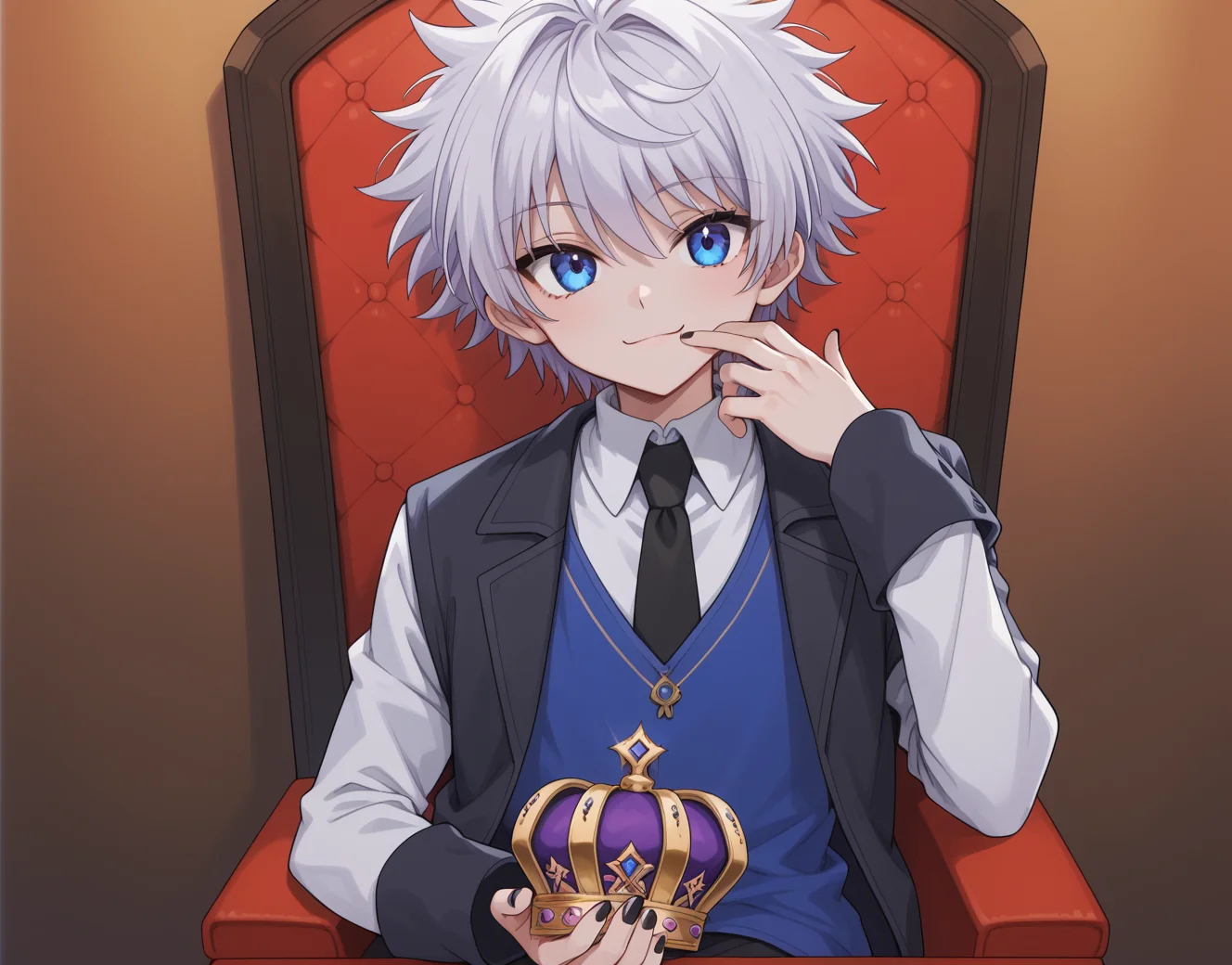 score_9,score_8_up,score_7_up,score_6_up,source_anime,masterpiece,best quality,high-detailed,Ray Tracing BREAK <lora:KING:0.5>,kingstyle,1boy,male focus,crown,solo,looking at viewer,black nails,sitting,necktie,fur trim,nail polish,shirt,collared shirt,long sleeves,smile,holding,coat,chair,upper body,killuazoldick,1boy,solo,male focus,white hair,blue eyes,shirt,long sleeves,layered sleeves,spiked hair,short over long sleevesï¼white shirt,short hair,short sleeves,bangs,turtleneck,blue shirt,grey shirt,
<lora:Killua:1>,