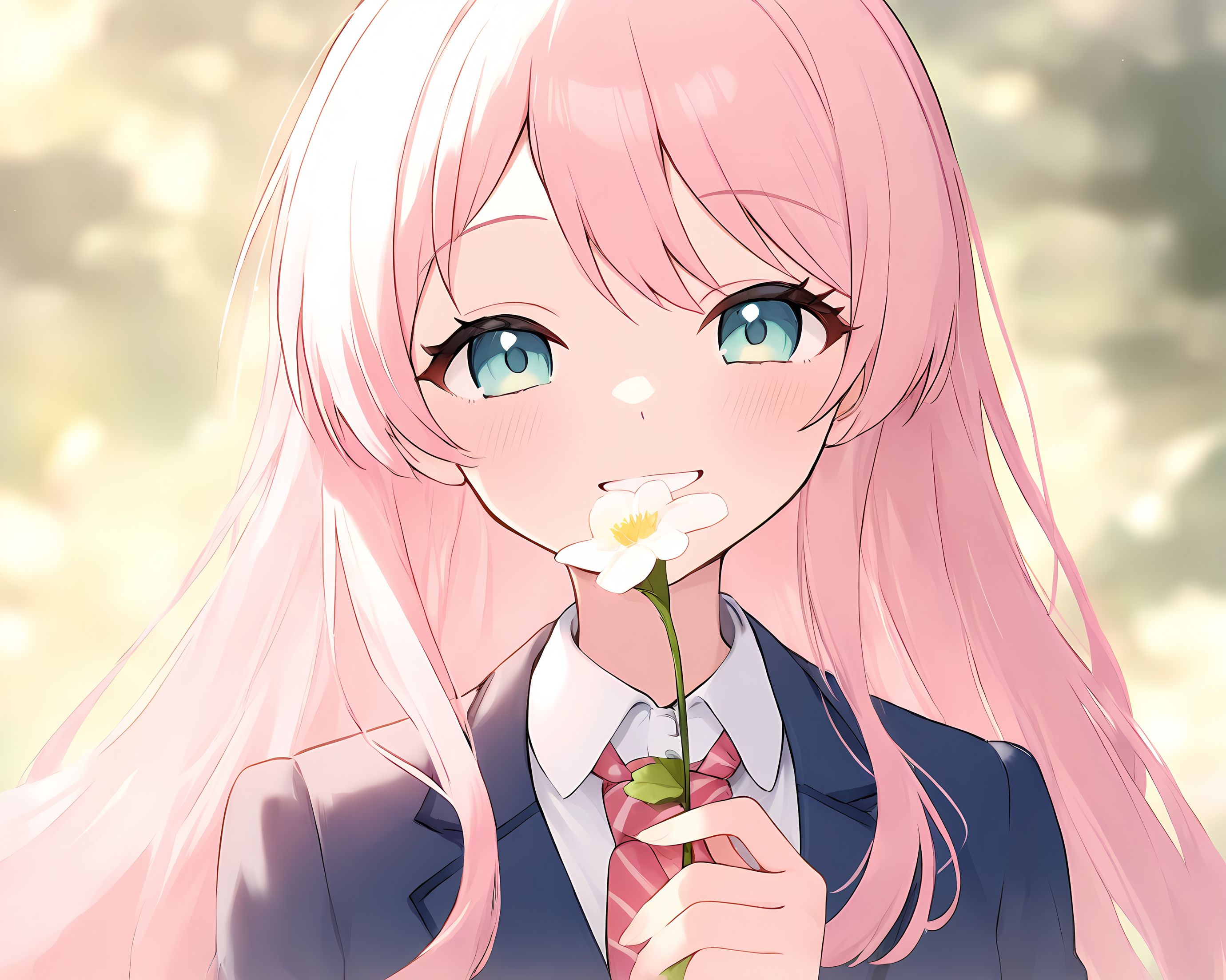1girl, solo, chihaya anon, smiling, holding flower, cinematic, beautiful light, <lora:locute_noob11_v3_original:1>