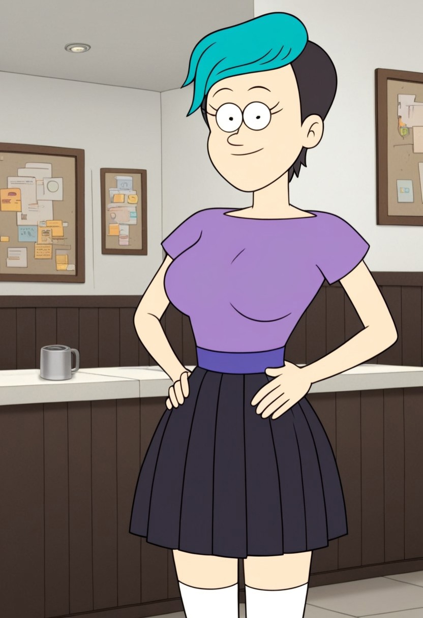 ((room background)),score_9, score_8_up, score_7_up,score_6_up, 
1girl, solo, Celia_RS, light skin, black eyes, short hair, black hair shaved sides, hair teal fringe, purple t-shirt with a round neck, blue violet sash belt, black pleated skirt, long white socks, brown shoes, big eyes, cute, tall stature, social smile, perfect eyes, perfect smile, looking at the viewer, detailed eyes, perfect eyes, standing, big breasts (front pose, bust shot, close up to face, face portrait:1) five fingers, perfect hands, hands on hips