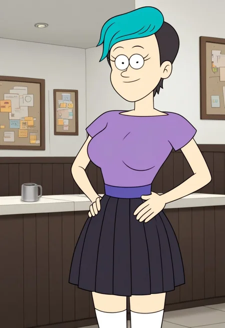 ((room background)),score_9, score_8_up, score_7_up,score_6_up,
1girl, solo, Celia_RS, light skin, black eyes, short hair, black hair shaved sides, hair teal fringe, purple t-shirt with a round neck, blue violet sash belt, black pleated skirt, long white socks, brown shoes, big eyes, cute, tall stature, social smile, perfect eyes, perfect smile, looking at the viewer, detailed eyes, perfect eyes, standing, big breasts (front pose, bust shot, close up to face, face portrait:1) five fingers, perfect hands, hands on hips