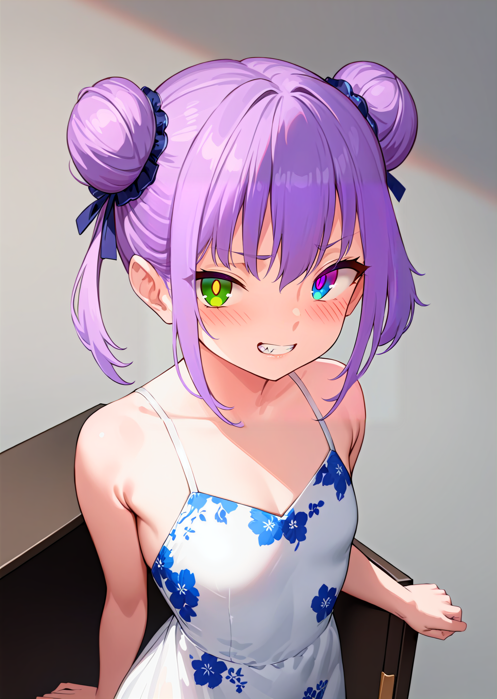 (best quality, masterpiece:1.2), safe,
upper body,  cowboy shot, 
1girl, solo,
petite, double bun, 
purple hair, hair ribbon, two-tone hair,  looking at viewer, 
multicolored eyes, green eyes, purple eyes, white pupils,  heterochromia,
floral print, long dress, white dress, 
barefoot, 
standing, 
highres,sharp focus,Professional,Impasto,
front view, close-up, 
reality_ray_tracing,ambient_light,
simple background, grey background, 
<lora:ASYLJ77-000009-XL-02:0.9>
