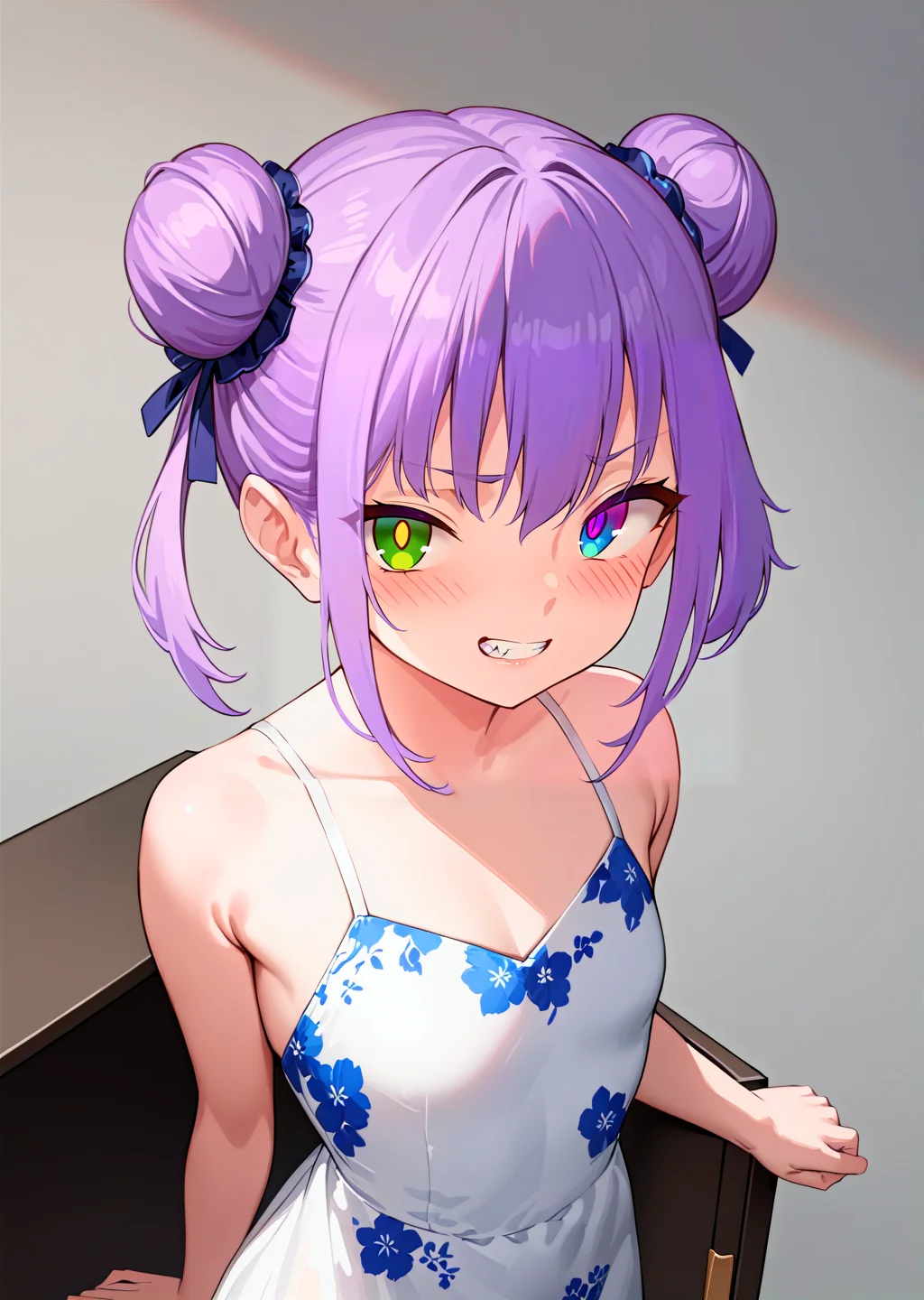 (best quality, masterpiece:1.2), safe,
upper body, cowboy shot,
1girl, solo,
petite, double bun,
purple hair, hair ribbon, two-tone hair, looking at viewer,
multicolored eyes, green eyes, purple eyes, white pupils, heterochromia,
floral print, long dress, white dress,
barefoot,
standing,
highres,sharp focus,Professional,Impasto,
front view, close-up,
reality_ray_tracing,ambient_light,
simple background, grey background,
<lora:ASYLJ77-000009-XL-02:0.9>