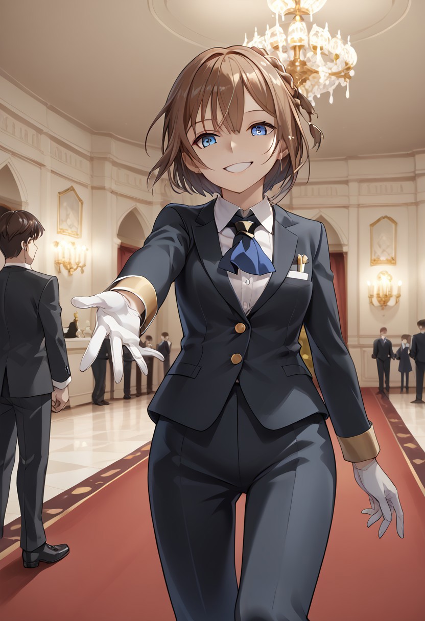score_9, score_8_up, score_7_up, source_anime, good_hands, 1girl, solo focus, Repulse \(azur lane\), blue eyes, brown hair, short hair, braid, repulse_hair_ornament, tuxedo, black suit, suit jacket, white shirt, corsage, blue ascot, gold cuffs, black pants, cowboy shot, looking at viewer, smile, white gloves, reaching towards viewer, beckoning, indoors, ballroom, chandelier,
