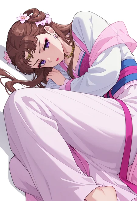 Smooth Quality,masterpiece,very intricate, high quality details, ultra realistic, high detailed skin,detailed enviorement,absurdres,
partially undressed, 
 <lora:Lishu_CNR:0.8> lishu_cnr,brown hair, long hair, purple eyes, makeup, lipstick, lishu_pink_cnr,hanfu, dress, long sleeves, sash, shawl, circlet, flower earrings, necklace,hair flower, hair rings, hair bun,, simple background, white background, sideways,
reclining pose, one leg crossed over the other, arm draped over backrest, calm demeanor,  ,annoyed,