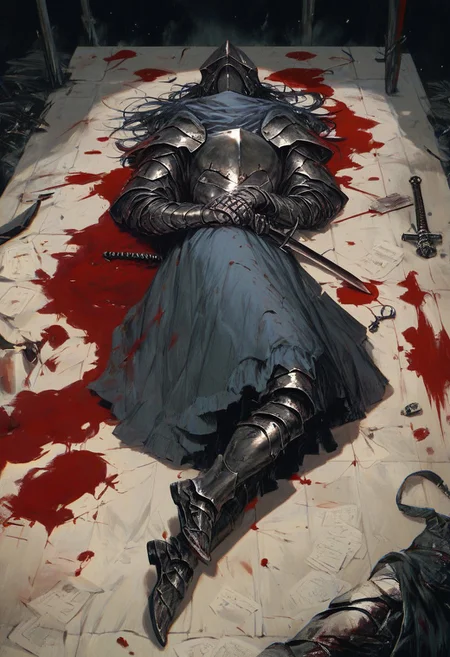 score_9, score_8_up, score_7_up, intimate character design, modern-style color illustration, bold, powerful, lifelike art, detailed setting, (black knight holding a sword), plate armor, laying onto sword, blood coming out of armor, tired, wounded