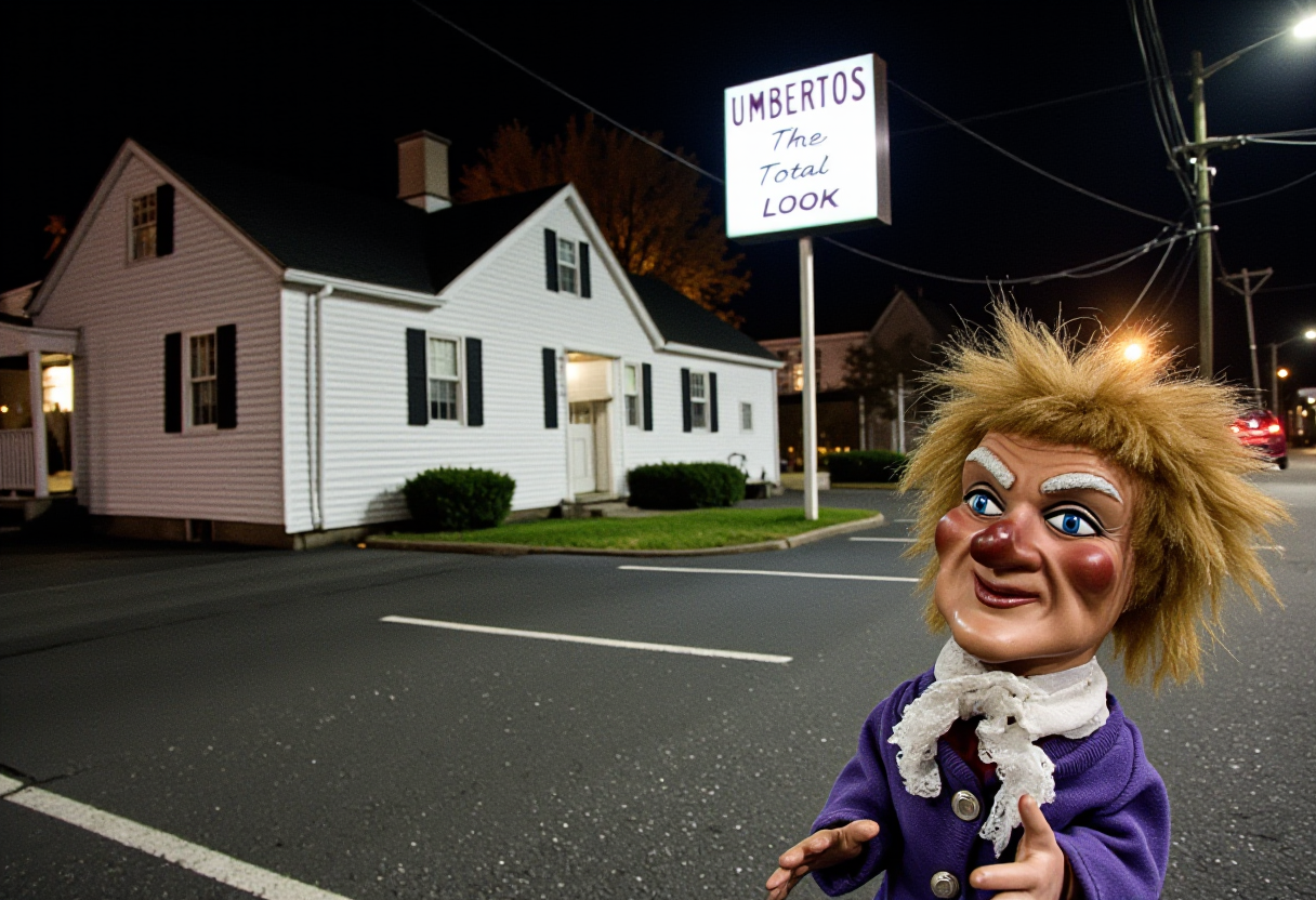 Grit rush reality, a creepy doll with a greasy Jheri curl mullet is a street prostitute, on Harford Road in Baltimore in front of a hair salon in a white house with a big white square sign on a pole in the parking lot with  "UMBERTO'S The Total Look" in purple. At night.