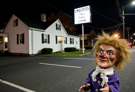 Grit rush reality, a creepy doll with a greasy Jheri curl mullet is a street prostitute, on Harford Road in Baltimore in front of a hair salon in a white house with a big white square sign on a pole in the parking lot with "UMBERTO'S The Total Look" in purple. At night.