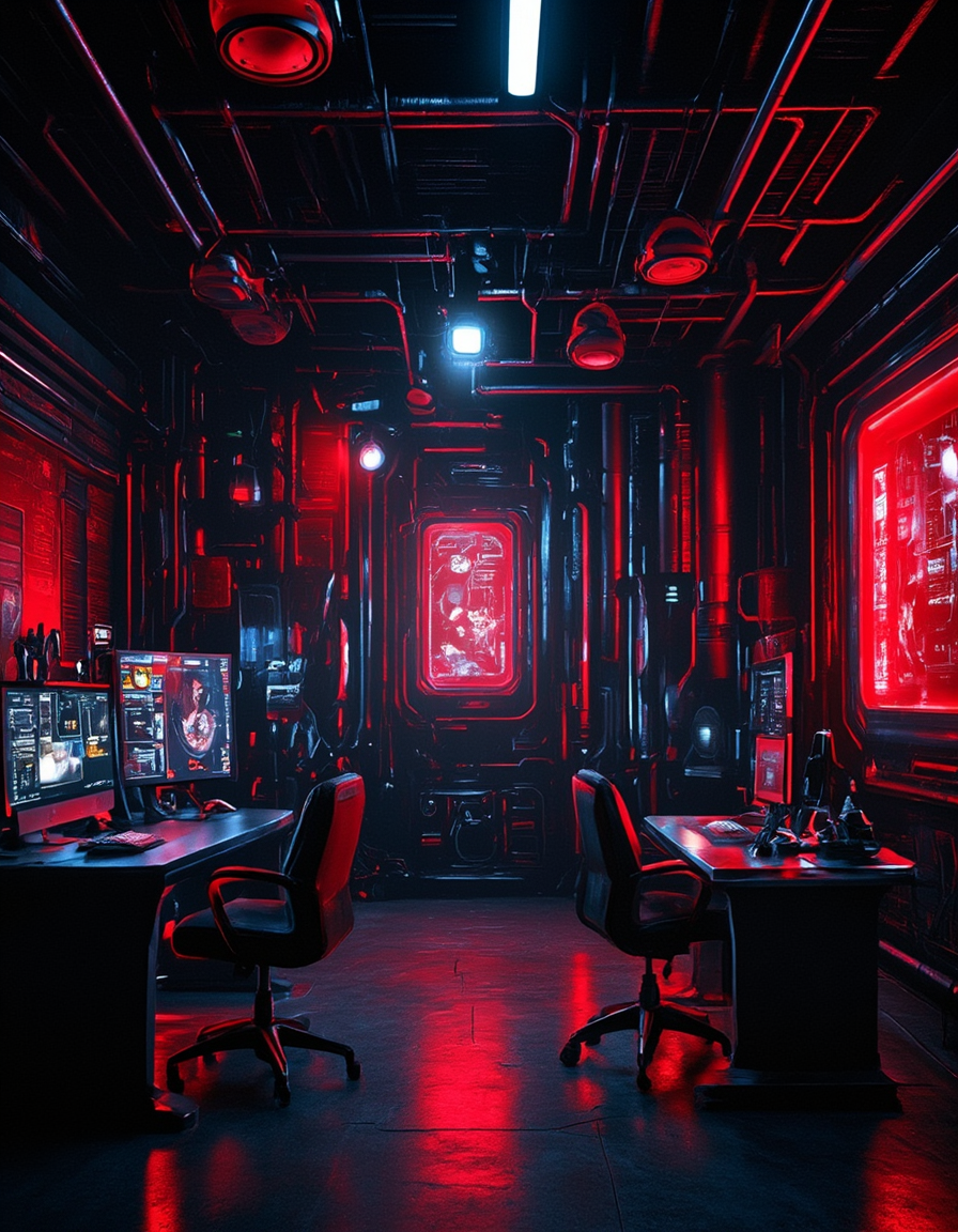 <lora:Home_R01fluxb:1> homer01, homer01, Futuristic cyberpunk control room, high-tech equipment, neon red and black color scheme, advanced computer screens, holographic interfaces, sleek modern furniture, industrial walls with exposed piping, glowing lights, sci-fi aesthetic, tech-focused workspace, dark ambiance, sci-fi interior design