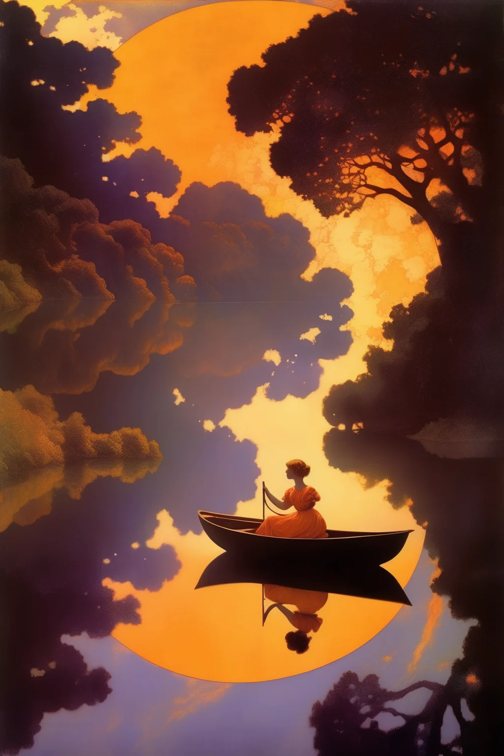 <lora:Maxfield Parrish Style:1>Maxfield Parrish Style - Picture yourself in a boat on a river With tangerine trees and marmalade skies Somebody calls you, you answer quite slowly A girl with kaleidoscope eyes style of maxfield parrish