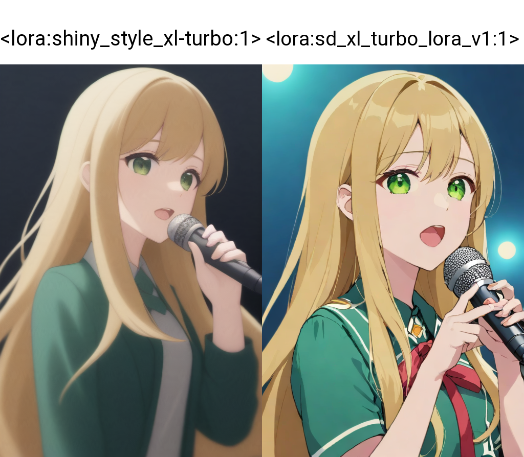 <lora:shiny_style_xl-turbo:1>idol, blonde, long_hair, dark green eyes, sing, microphone
