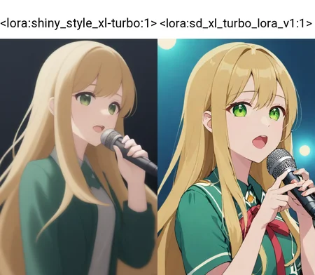 <lora:shiny_style_xl-turbo:1>idol, blonde, long_hair, dark green eyes, sing, microphone