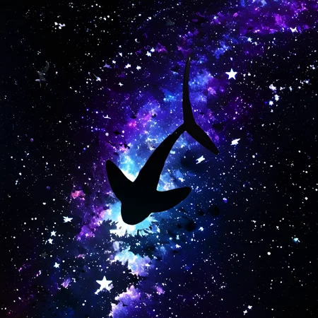 <lora:star_xl_v2:1>,
a space scene with a large group of birds flying through the sky and a lot of stars in the background, solo, monochrome, sky, no humans, night, star \(sky\), scenery, starry sky, fish, blue theme, silhouette, 1girl, moon, night sky, space, pillar, The image showcases a mesmerizing cosmic scene where a silhouette of a shark is swimming amidst a vast expanse of space. The backdrop is a vibrant blend of deep blues, purples, and hints of white, reminiscent of a galaxy or nebula. The shark, with its elongated body and tail, appears to be swimming upwards, with its silhouette contrasting sharply against the luminescent cosmic backdrop. The image evokes a sense of wonder, mystery, and the vastness of the universe., shark, cosmic scene, vast expanse of space, galaxy or nebula, elongated body, tail, luminescent, wonder, universe