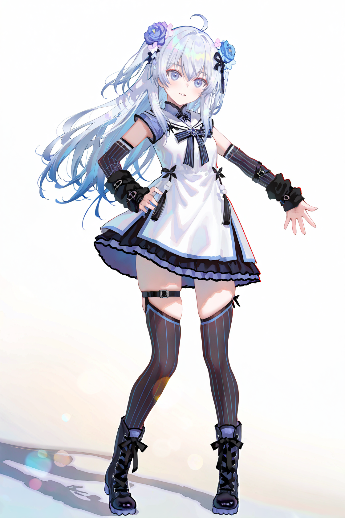 8k, best quality, masterpiece, (ultra-detailed), (high detailed skin), 
((artist:reoen),(artist:fuzichoco),(artist:atdan),(artist:torino_aqua),year 2024:0.8)1girl, [artist:wlop], [artist:ningen_mame], artist:ciloranko, [[artist:rhasta]], artist:tidsean, colorful, detailed light, light leaks, sunlight, bokeh, blurry foreground, ray tracing, lens flare, cinematic lighting, 
full body, full shot, standing, looking at viewer, (solo:1.2), simple background, (white background:1.2), hand on own hip, (white background:1.1), 
<lora:dongxl-noob-Tanger:0.8>, 
dongxl, dx-white, dx-white dress, 1girl, thighhighs, boots, virtual youtuber, ahoge, twin hair ornaments, twin hair flowers, white hair, 
A full-body portrait of a young girl, standing gracefully, pastel art style, high-key lighting, shoujo manga influence, hd quality, delicate details,