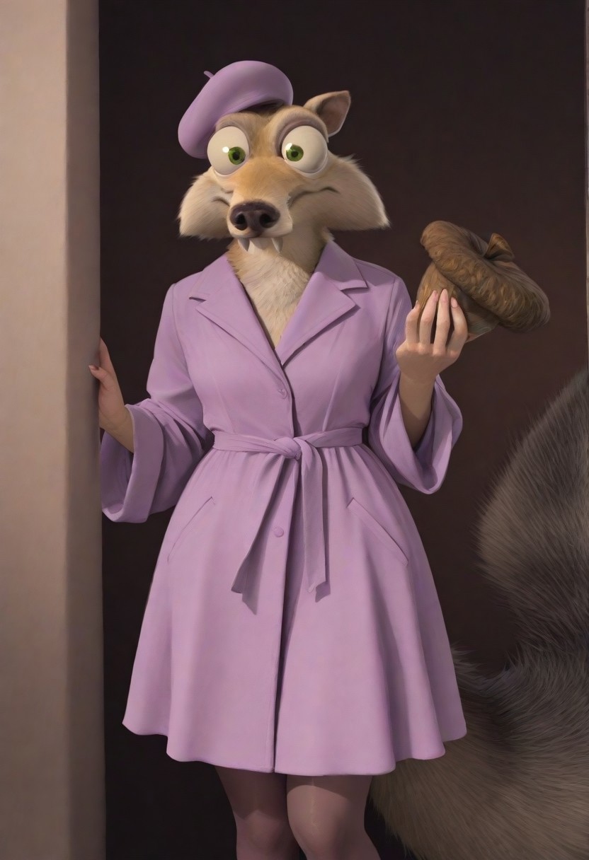 masterpiece, best quality, 1boy, Scrat, long snout, bushy tail, bulging eyes, striped tail, purple coat, hat, beret, pantyhose