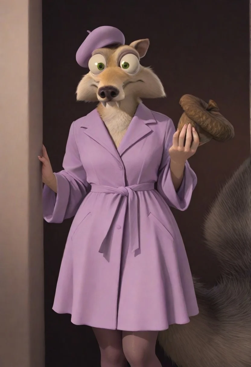 masterpiece, best quality, 1boy, Scrat, long snout, bushy tail, bulging eyes, striped tail, purple coat, hat, beret, pantyhose