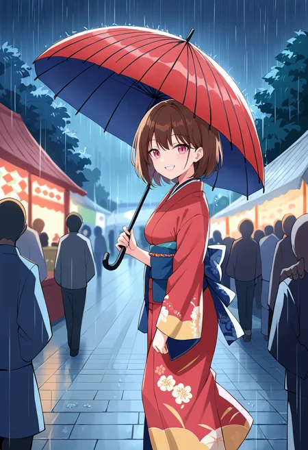score_9, festival, stall, food stall, rain,heavy-rain, night, dark, heavy rain, blurry background BREAK
1girl, walking,kimono, holding umbrella, umbrella, brown hair, pink eyes, smile, light_smile, close up, looking at viewer, from side, wet ground, crowd
<lora:Rain (pony) v1:1>