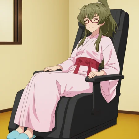 Hazuki Kiryuu, toji no miko style, 1girl, solo, long hair, green hair, bangs, hair flaps, sidelocks, ponytail, brown eyes, small breasts, glasses, pink kimono, red sash, blue robe, blue slippers, sitting, on massage chair, legs together, smile, eyes closed
BREAK
inside hotel, window, nighttime
BREAK
anime screencap, anime coloring, anime colored background, detailed background, detailed face, shiny skin, shiny hair, absurdes, highres, dynamic pose, masterpiece, best quality, official art, cel shaded, graphic illustration, digital painting, CGI, very detailed, amazing quality, intricate details, dynamic pose, HDR, UHD, 8K, Fineline illustration, Highly detailed, ultra-fine painting, sharp focus, Professional, Vivid Colors <lora:add-detail-xl:1> <lora:DetailedEyes_V3:1> <lora:Toji_no_miko_character_pack_Illustrious:1>